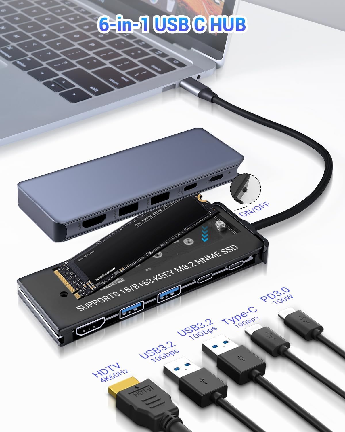 6 in 1 type-C Hub with M.2 NVMe SSD Enclosure, USB 3.2 10Gbps Ports, PD 100W , 4K@60Hz HDMI, High Speed USB NVMe Adapter, M.2 SSD Enclosure, Adapter for MacBook Pro/Air, Dell XPS