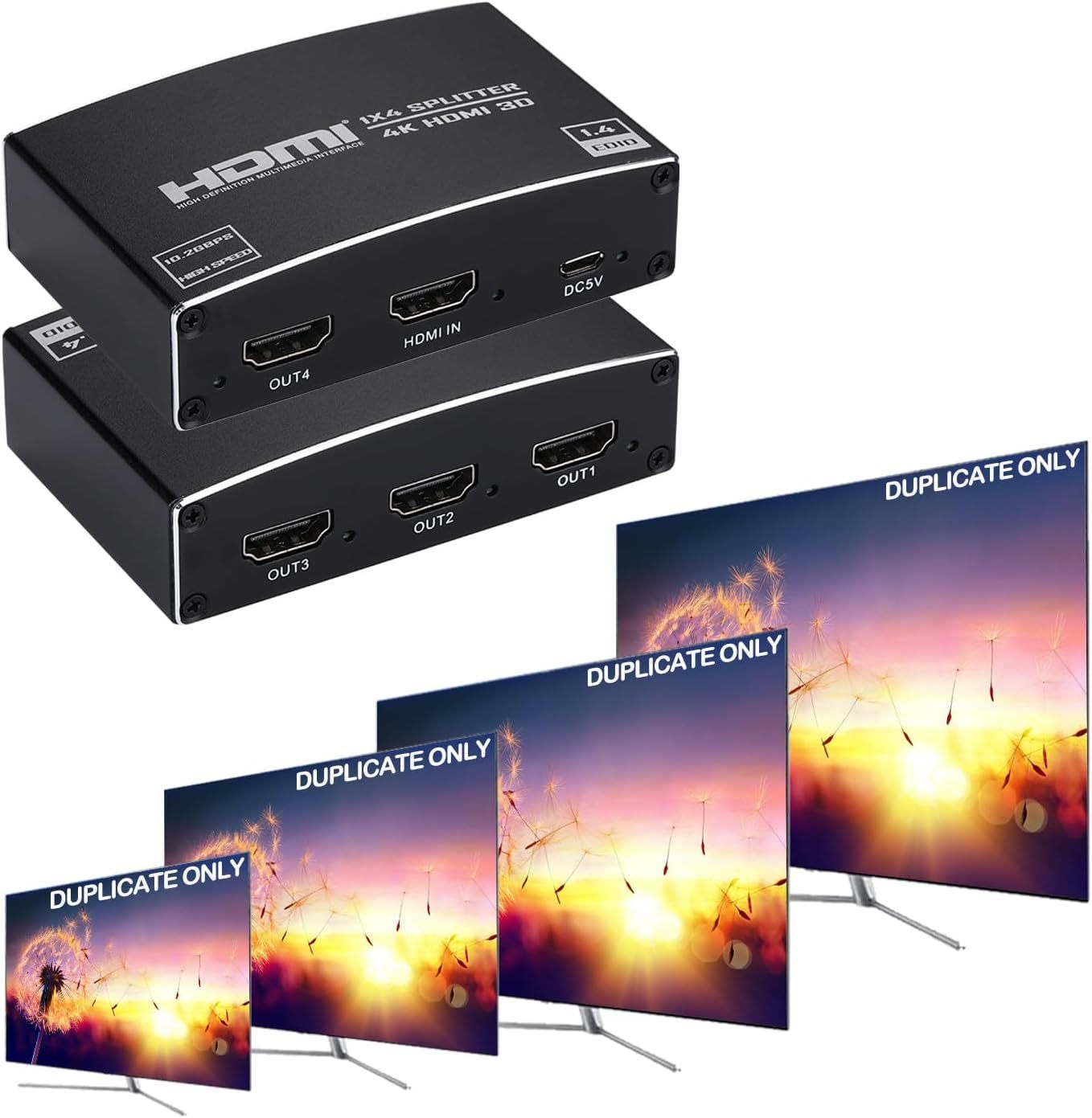 HDMI Splitter 1 in 4 Out, 1x4 HDMI Splitter Audio Video Distributor Box Support 3D & 4K x 2K Compatible for HDTV, STB, DVD, PS3, Projector Etc