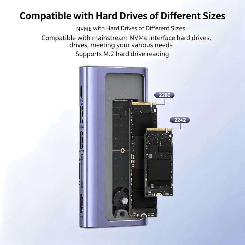 5-In-1 USB-C Hub Docking Station with USB3.2*2(10Gbps) /  PD100W / 4K@60HZ /1000M RJ45 Ethernet / M.2 NVMe&SATA SSD Case Multi-ports Splitter Adapter for Tablet Laptop Phone