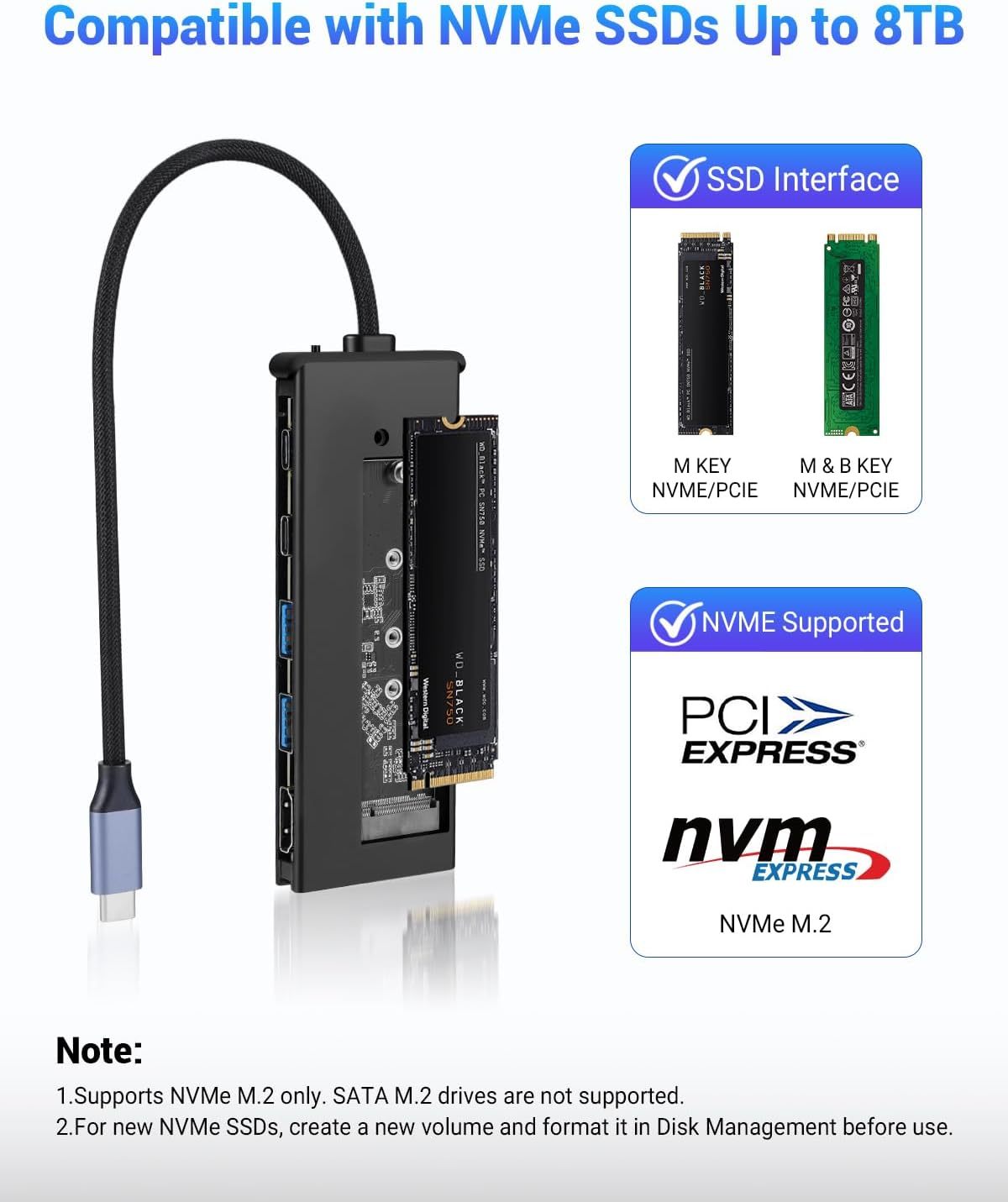6 in 1 type-C Hub with M.2 NVMe SSD Enclosure, USB 3.2 10Gbps Ports, PD 100W , 4K@60Hz HDMI, High Speed USB NVMe Adapter, M.2 SSD Enclosure, Adapter for MacBook Pro/Air, Dell XPS
