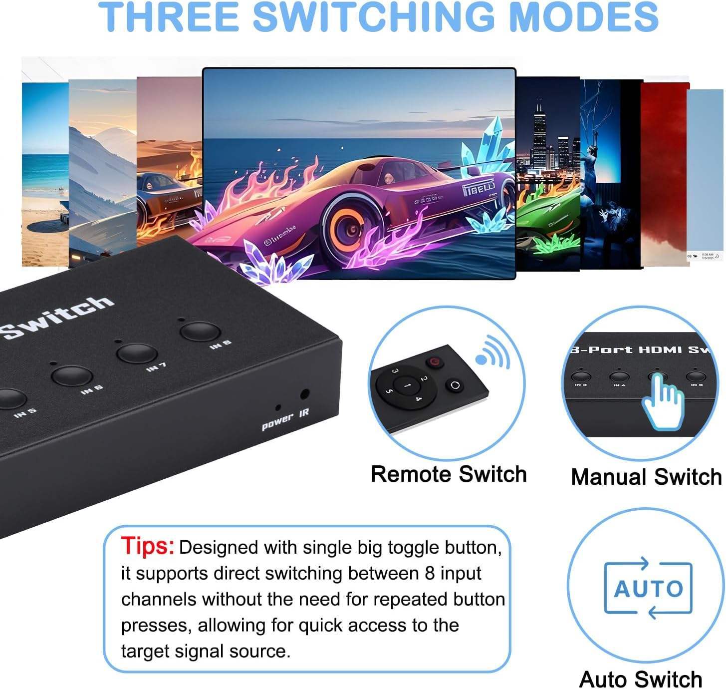 HDMI 1.4 Switch, 4K@30Hz HDMI Switcher 8 in 1 Out with IR Remote, 8 Port HDMI Selector Box Support HDMI 1.4, suitable for computers, notebooks, HD-DVD, SKY-STB, PS3/4/5, Xbox 360 and other devices