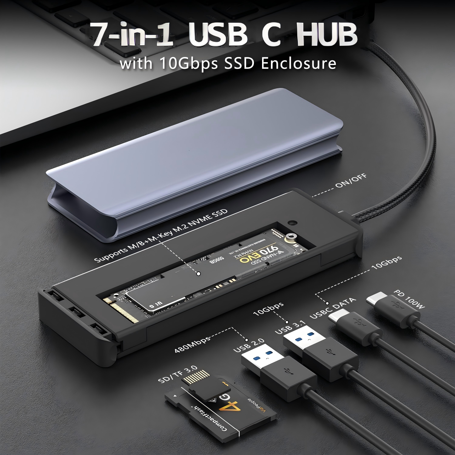 7-in-1 type C Hub with M.2 NVMe SSD Enclosure, 10Gbps USB-C/3.1 Gen2, 100W PD, USB 2.0, PCIe 3.0 Support for MacBook Pro & Type-C Devices