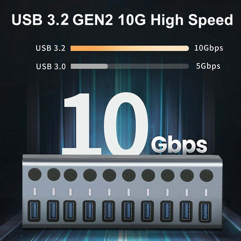 QGEEM 10 Ports USB 3.2 Hub with 10Gbps Data Speed, Aluminum Housing, USB Hub Powered with 36W Power Adapter, USB Hub for PC/Laptop, Computer, Flash Drive, Printer, Camera