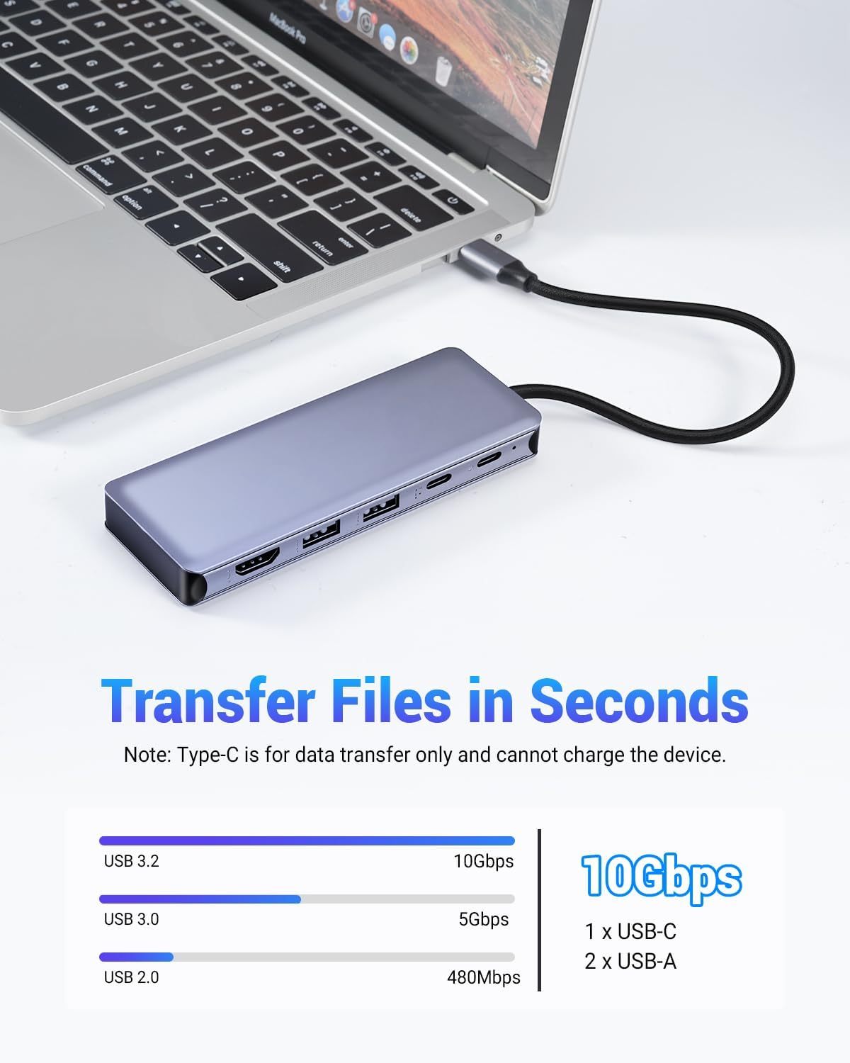 6 in 1 type-C Hub with M.2 NVMe SSD Enclosure, USB 3.2 10Gbps Ports, PD 100W , 4K@60Hz HDMI, High Speed USB NVMe Adapter, M.2 SSD Enclosure, Adapter for MacBook Pro/Air, Dell XPS