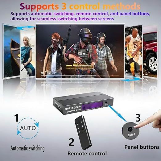 HDMI Switch 5 in 1 Out, 5 Way HDMI Switcher Selector Box with IR Remote (4K@60Hz 5x1 HDMI Switch)