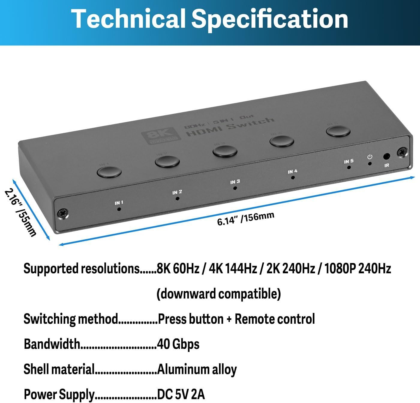 8K60Hz HDMI Switch 5 in 1 Out, Support 8K@60Hz 4K@120Hz 1080P @240Hz, HDR10, VRR, HDCP 2.3, Dolby Atmos, DTS X, CEC, Compatible with PS5/4, Xbox, Nintendo Switch, Roku, Apple TV