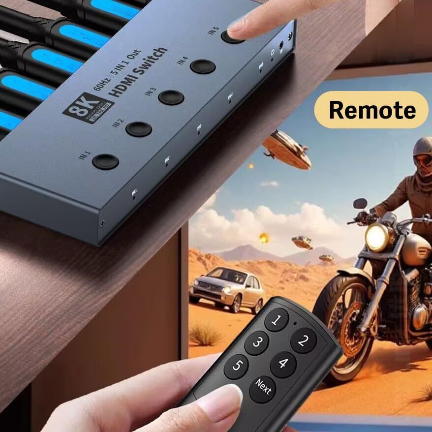8K60Hz HDMI Switch 5 in 1 Out, Support 8K@60Hz 4K@120Hz 1080P @240Hz, HDR10, VRR, HDCP 2.3, Dolby Atmos, DTS X, CEC, Compatible with PS5/4, Xbox, Nintendo Switch, Roku, Apple TV
