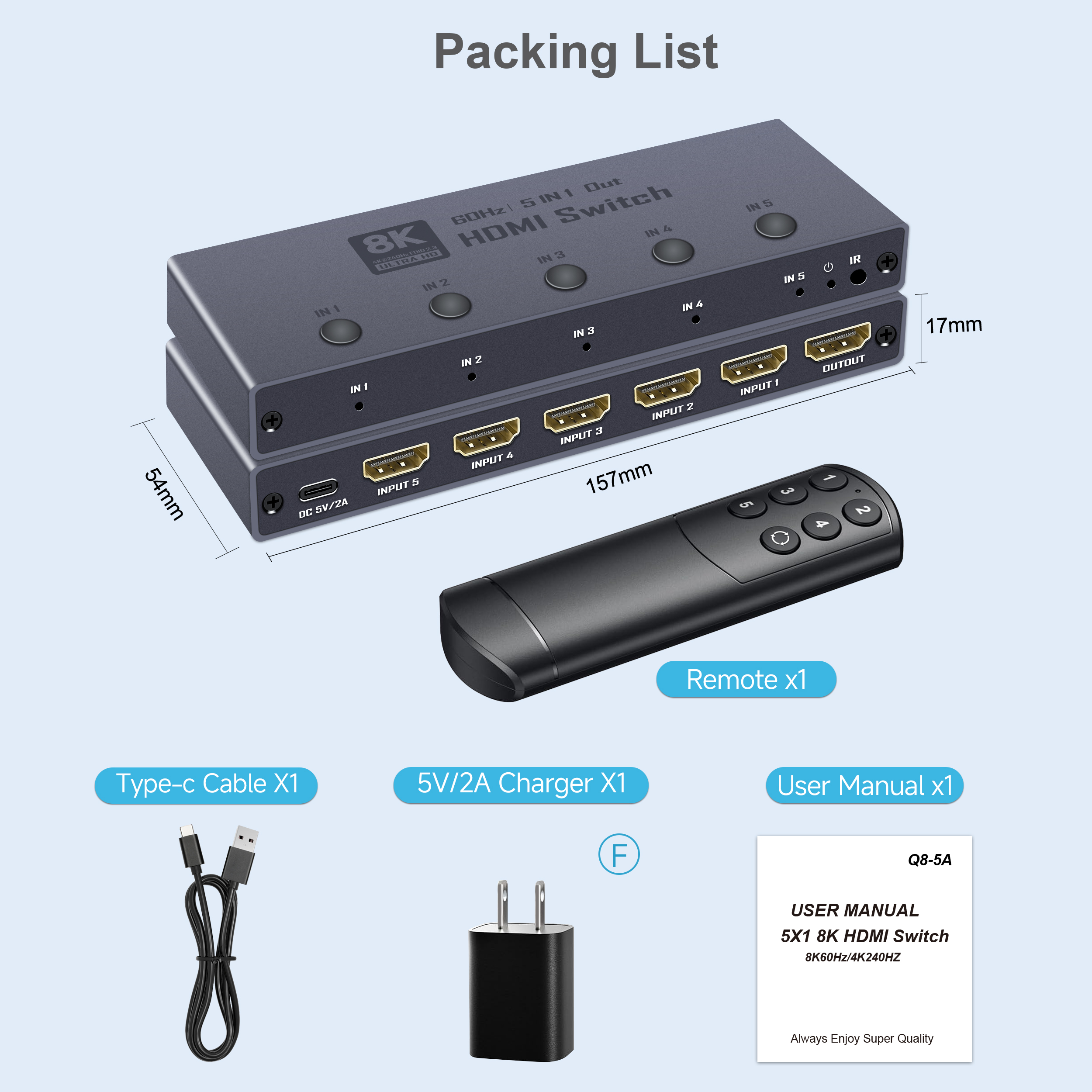 8K60Hz HDMI Switch 5 in 1 Out, Support 8K@60Hz 4K@120Hz 1080P @240Hz, HDR10, VRR, HDCP 2.3, Dolby Atmos, DTS X, CEC, Compatible with PS5/4, Xbox, Nintendo Switch, Roku, Apple TV