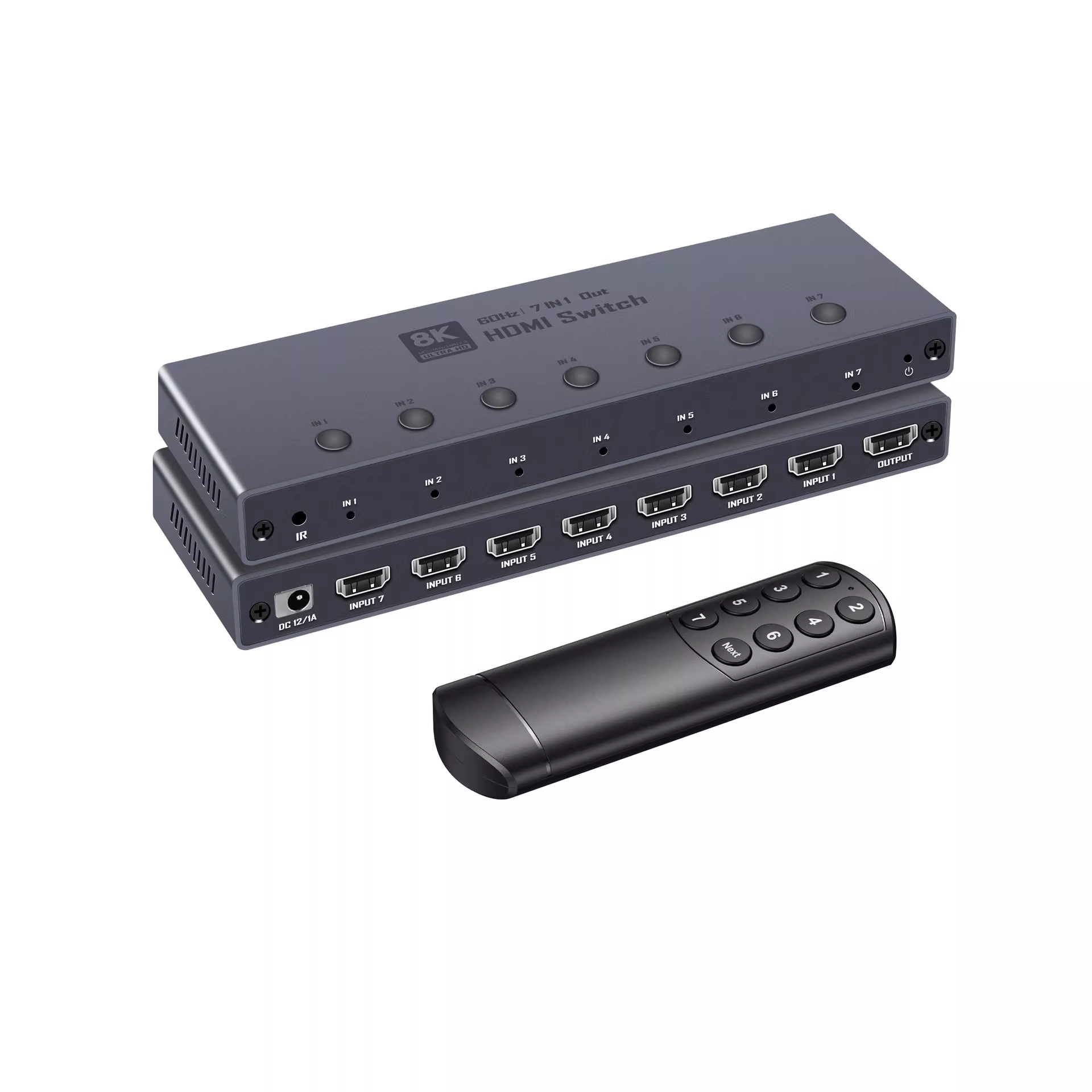 8K HDMI 2.1 Switch, HDMI 2.1 Switcher 7 In 1 Out Supports CEC 8K@60Hz, 4K@240Hz, 1080P@480Hz HDCP 2.3 HDR Dolby Atmos VRR Compatible with PS5 Xbox Blu-Ray Player with IR remote controller