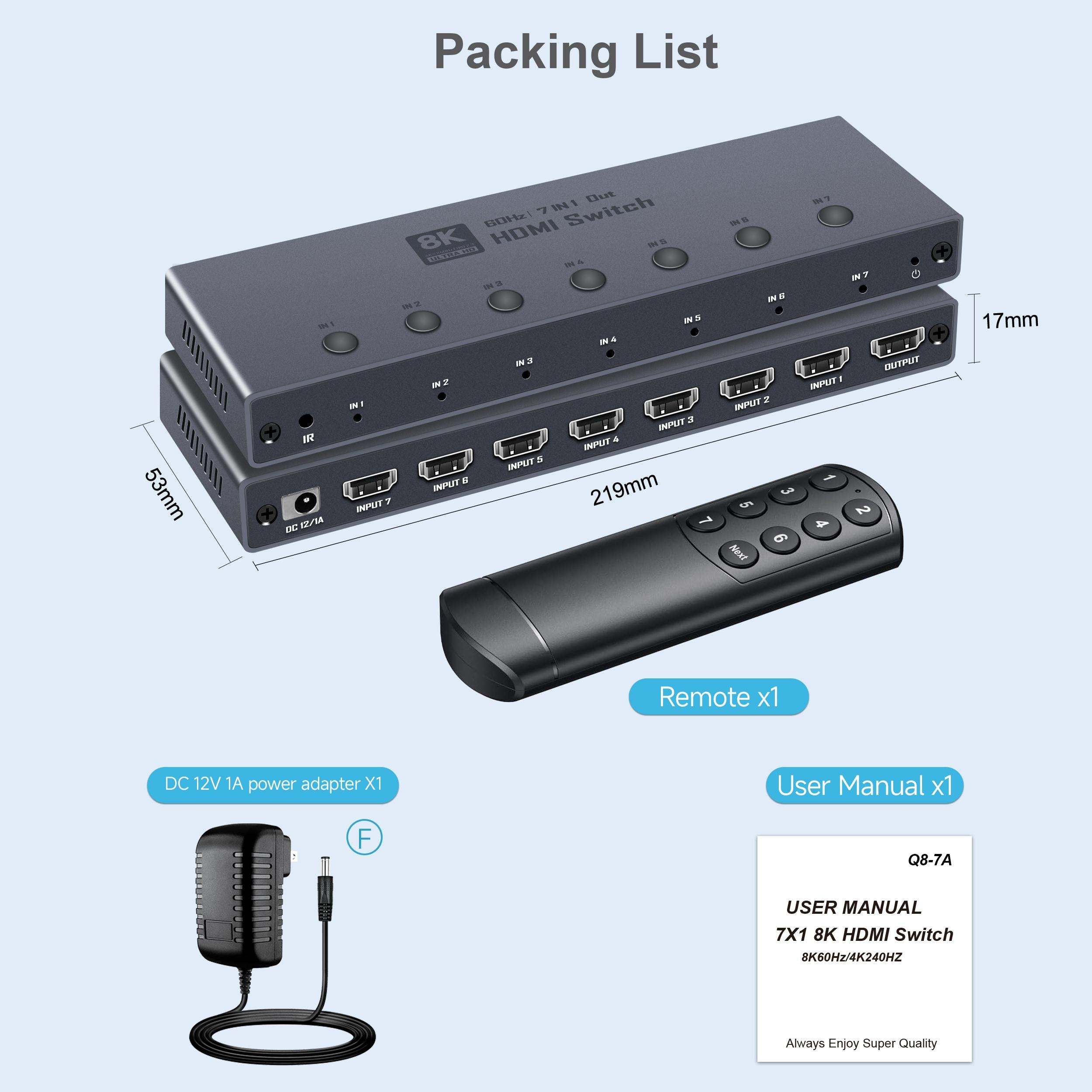 8K HDMI 2.1 Switch, HDMI 2.1 Switcher 7 In 1 Out Supports CEC 8K@60Hz, 4K@240Hz, 1080P@480Hz HDCP 2.3 HDR Dolby Atmos VRR Compatible with PS5 Xbox Blu-Ray Player with IR remote controller