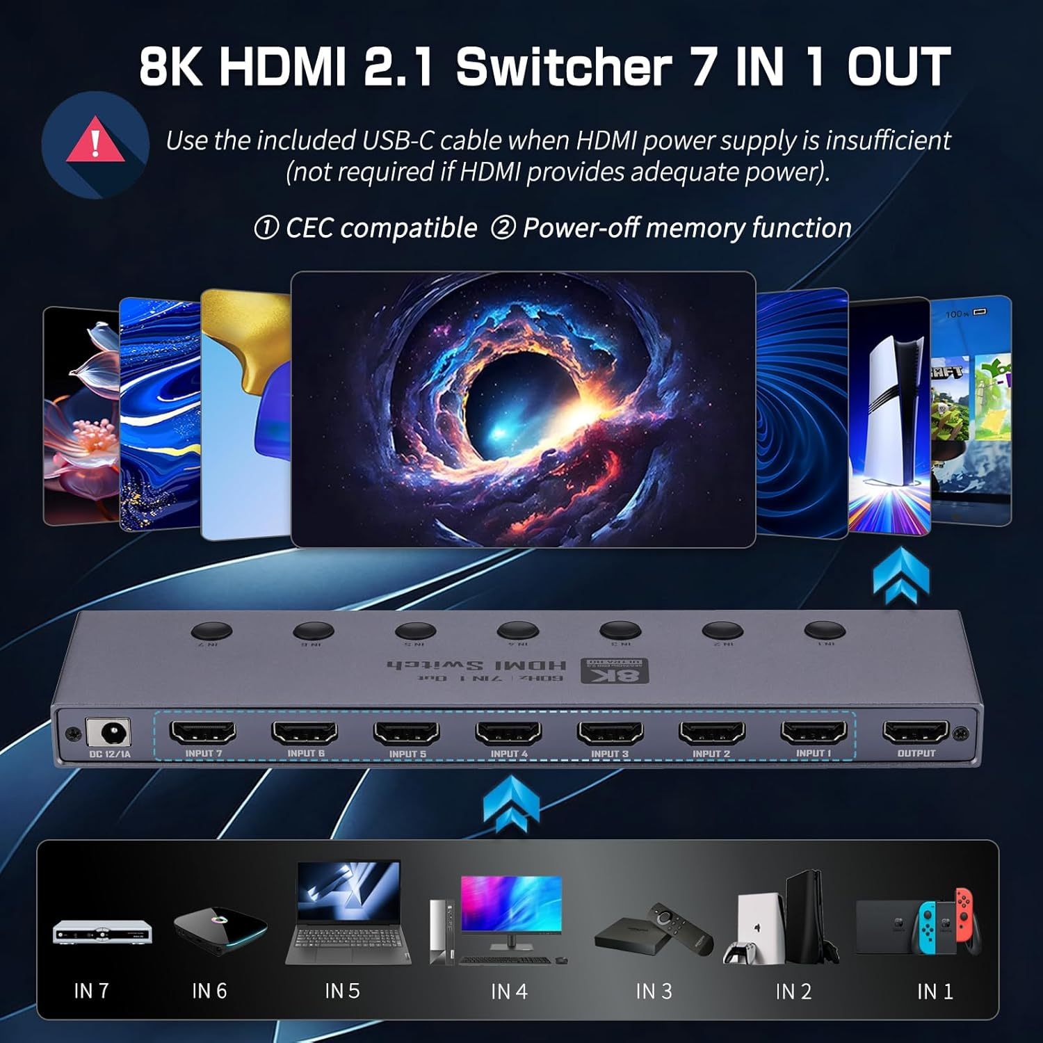 8K HDMI 2.1 Switch, HDMI 2.1 Switcher 7 In 1 Out Supports CEC 8K@60Hz, 4K@240Hz, 1080P@480Hz HDCP 2.3 HDR Dolby Atmos VRR Compatible with PS5 Xbox Blu-Ray Player with IR remote controller