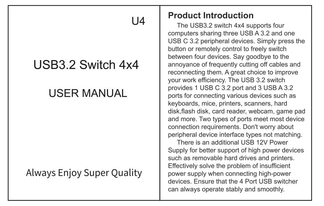 4x4 USB 3.2 Switcher Selector for 4 Computers, USB C A 10Gbps Inputs, Share Keyboard Mouse Printer Scanner, with Cable, Remote Control and Adapter-EX40-A-1-BK