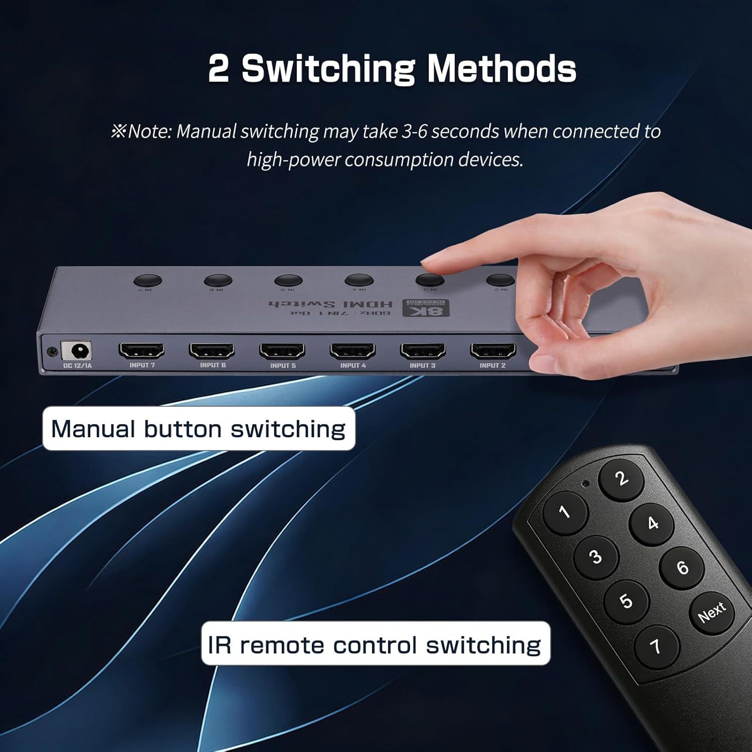 8K HDMI 2.1 Switch, HDMI 2.1 Switcher 7 In 1 Out Supports CEC 8K@60Hz, 4K@240Hz, 1080P@480Hz HDCP 2.3 HDR Dolby Atmos VRR Compatible with PS5 Xbox Blu-Ray Player with IR remote controller