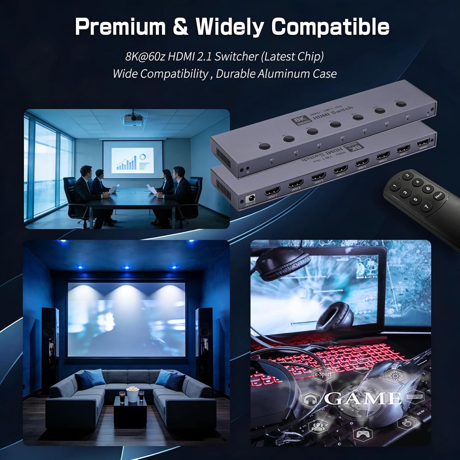8K HDMI 2.1 Switch, HDMI 2.1 Switcher 7 In 1 Out Supports CEC 8K@60Hz, 4K@240Hz, 1080P@480Hz HDCP 2.3 HDR Dolby Atmos VRR Compatible with PS5 Xbox Blu-Ray Player with IR remote controller