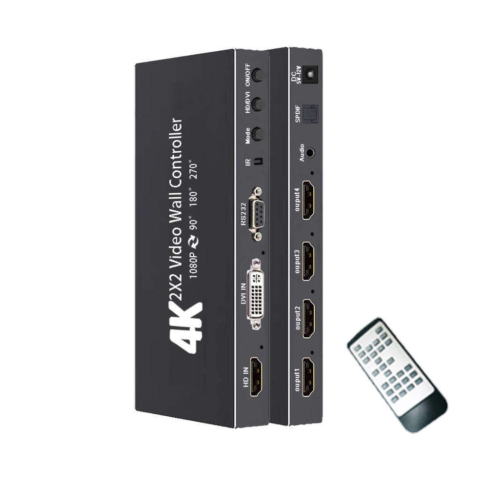 Video Wall Controller, 4K x 2K HD Seamless Splicing Professional Processor with HDMI+DVI+RS232 Input, 4 Way HDMI & SPDIF Output 180 Degree Rotate TV Wall Display 2x2, 1x2, 1x3, 1x4, 2x1, 3x1, 4x1