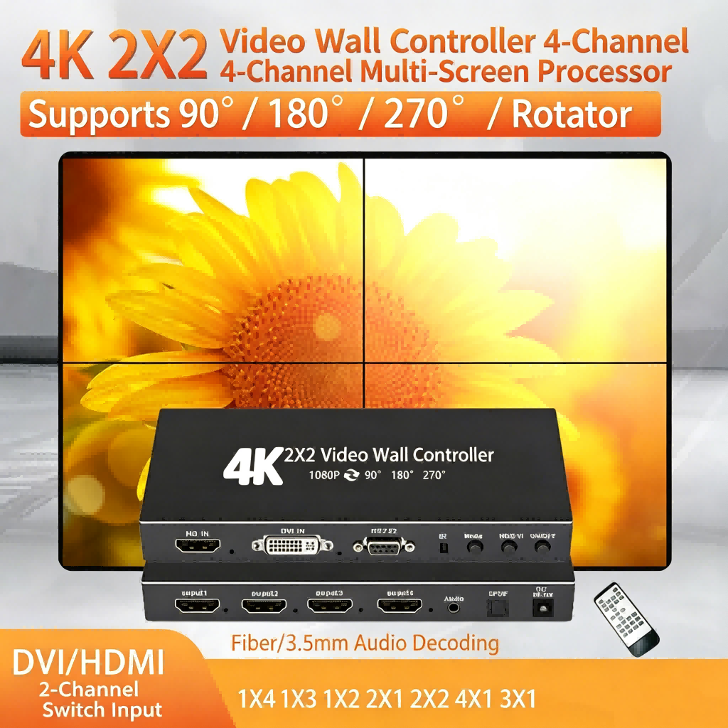 Video Wall Controller, 4K x 2K HD Seamless Splicing Professional Processor with HDMI+DVI+RS232 Input, 4 Way HDMI & SPDIF Output 180 Degree Rotate TV Wall Display 2x2, 1x2, 1x3, 1x4, 2x1, 3x1, 4x1
