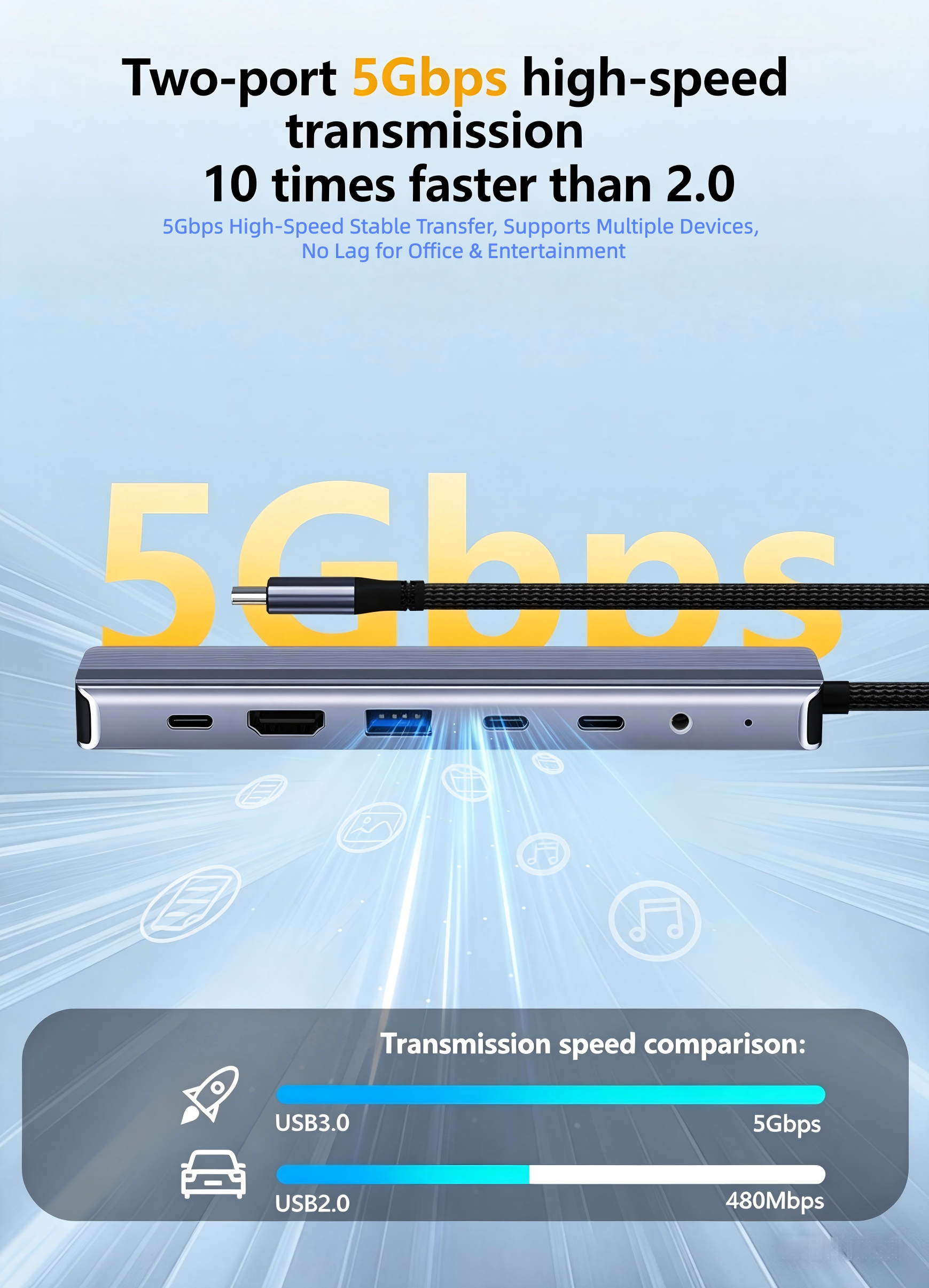 QGeeM 7 in 1 Hub with Built-in Audio Bridge  HDMI 4K30Hz 100W PD RJ45 1000Mbps 5Gbps 3.5mm Audio-UH07-1D