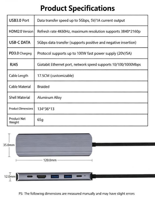 QGEEM USB C 6 in 1  Docking Station Gigabit RJ45 HDMI4K60Hz 100W PD 2xUSB3.0 5Gbps Data Hub Adapter for Laptop