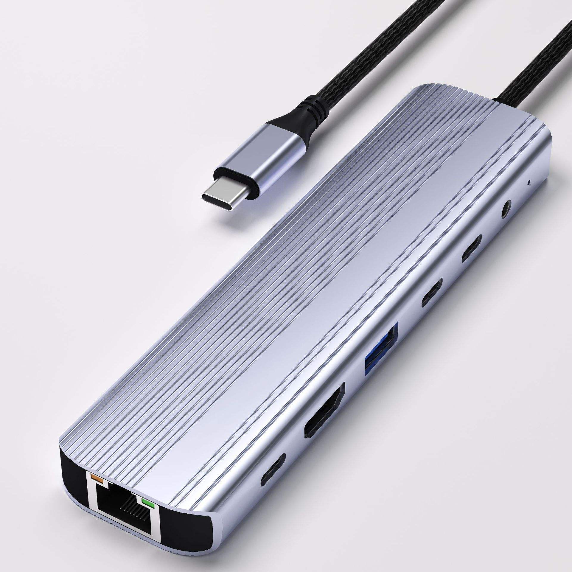 QGeeM 7 in 1 Hub with Built-in Audio Bridge  HDMI 4K30Hz 100W PD RJ45 1000Mbps 5Gbps 3.5mm Audio-UH07-1D