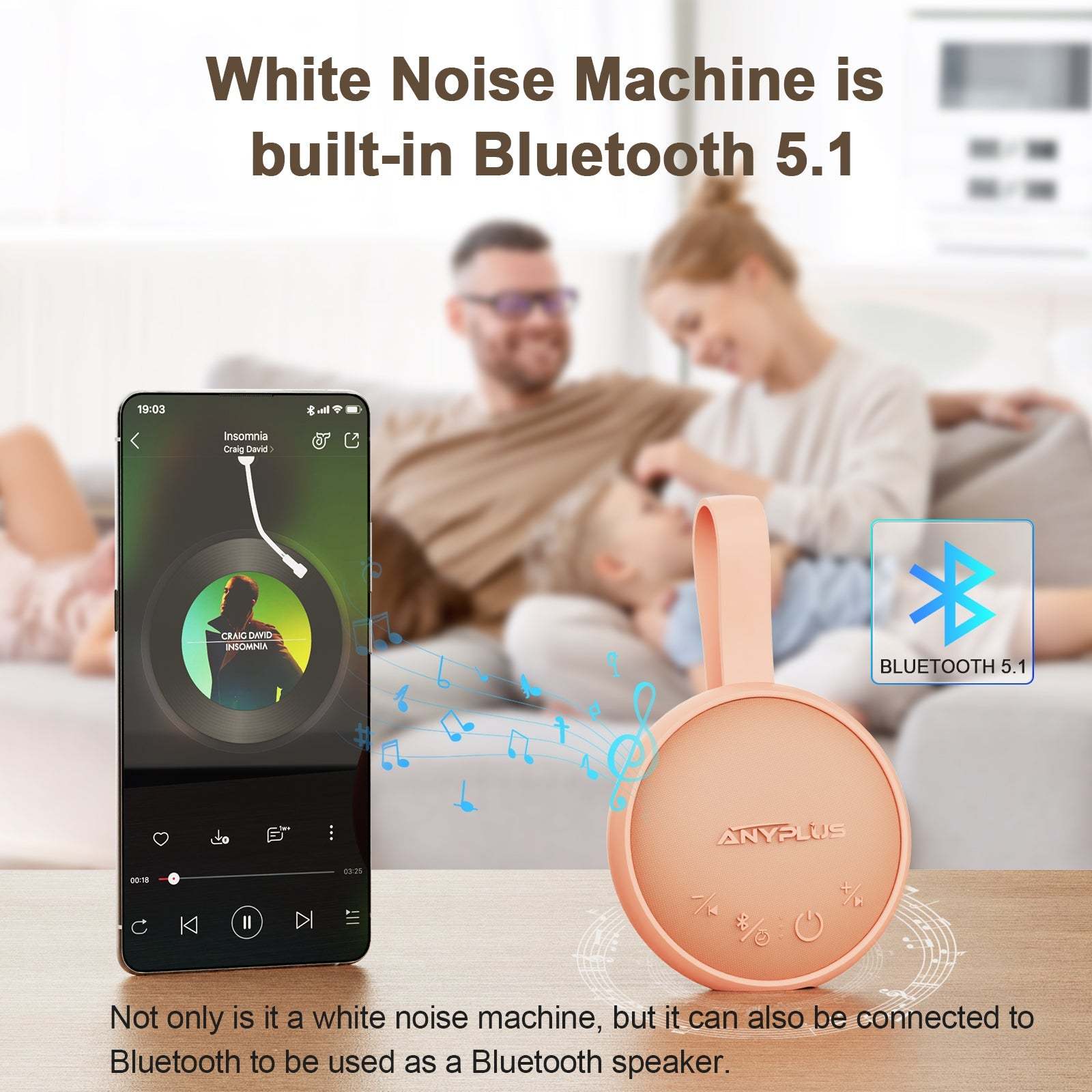 White Noise Sound Machine, Noise Machine for Sleeping Adults & Baby, with Bluetooth 5.1/24 Soothing Sounds, Memory Function, 3 Timer & Voice Recording, Portable Wireless Speaker for Home, Travel