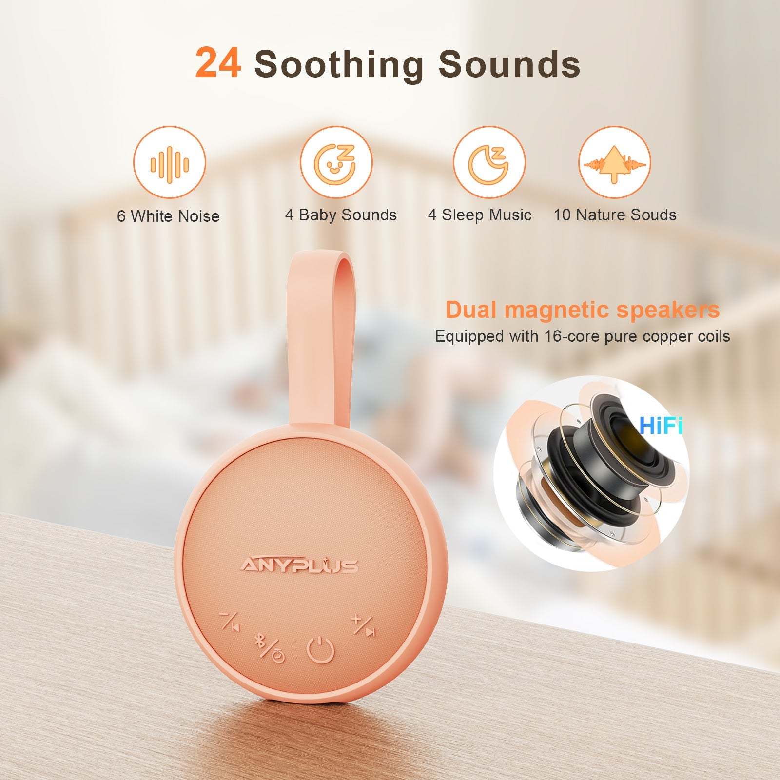 White Noise Sound Machine, Noise Machine for Sleeping Adults & Baby, with Bluetooth 5.1/24 Soothing Sounds, Memory Function, 3 Timer & Voice Recording, Portable Wireless Speaker for Home, Travel