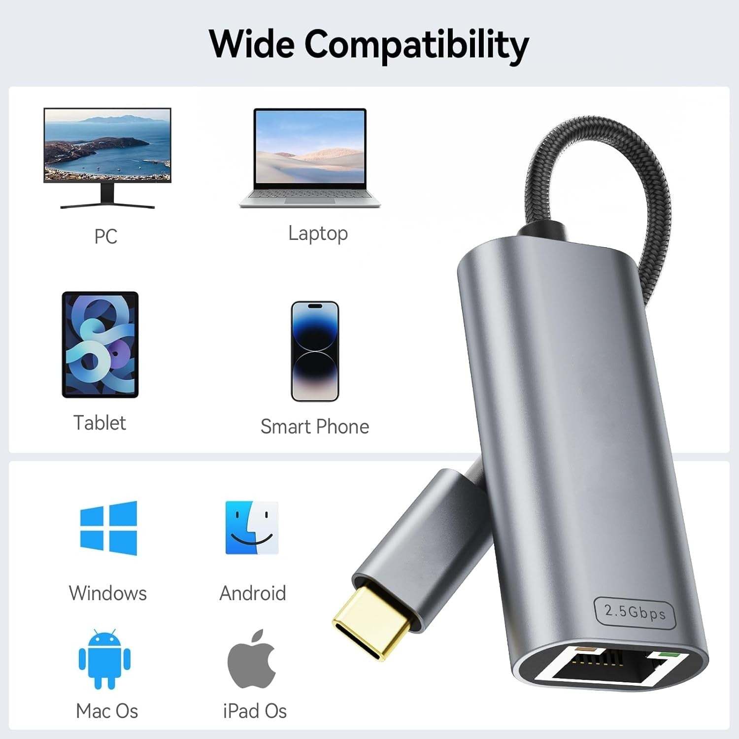 QGeeM USB C to Ethernet 2.5 Gbps Adapter, USB C to RJ45 Network Converter (Thunderbolt 4/3 Compatible),USB-C to 2.5 Gigabit LAN Ethernet Compatible for MacBook iPhone 15 Pro max,XPS, Surface-Gray