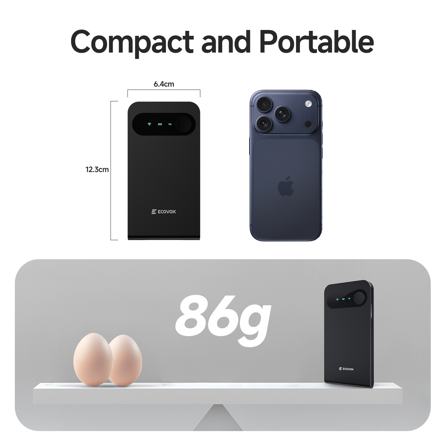 ECOVOX E1 Portable WiFi Hotspot, 3000mAh Travel WiFi Device,SIM-Free 4G LTE Mobile Router with Cloud SIM, Connects Up to 9 Devices, USB-C, WPA2 Security, for Travel and Remote work-WR0001-A