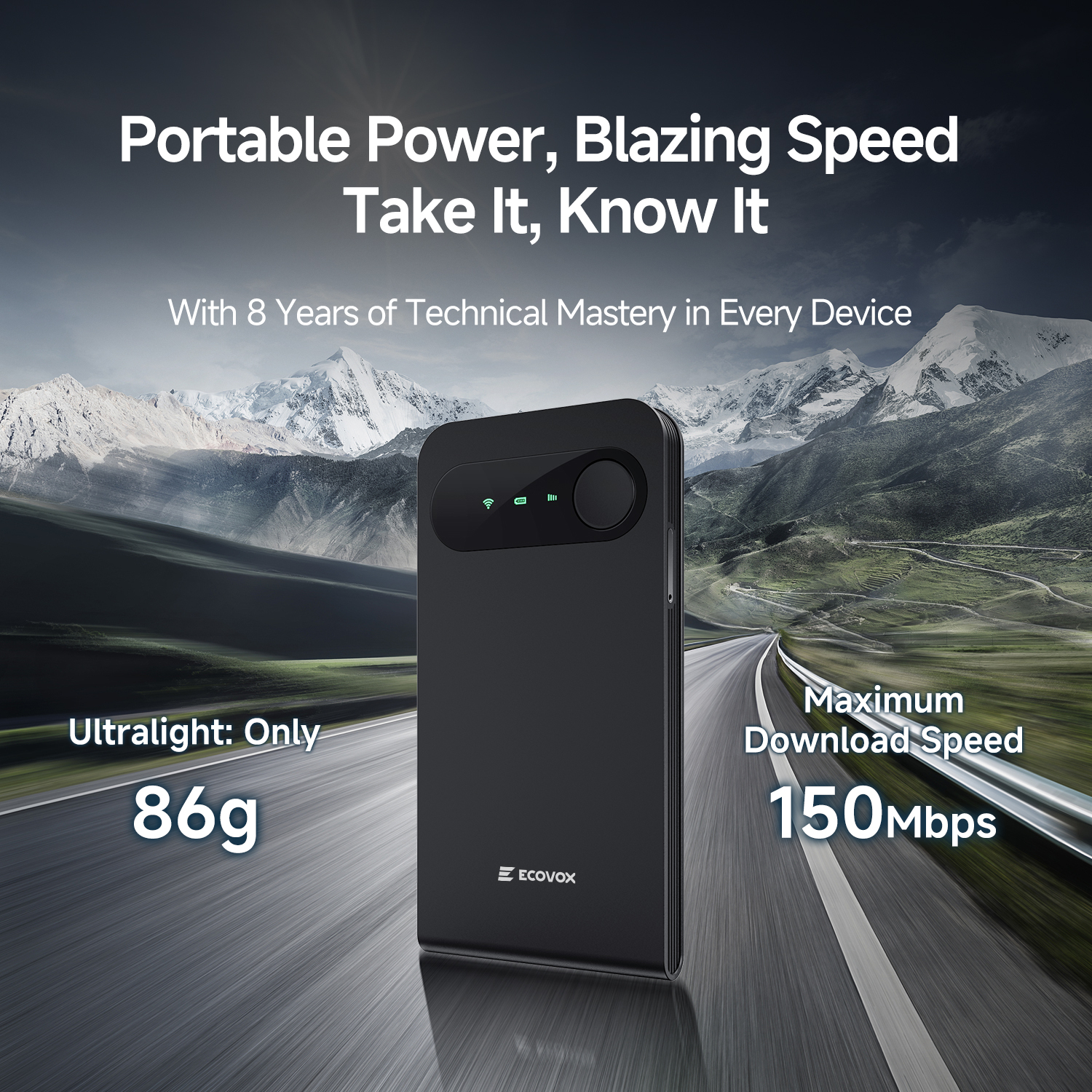 ECOVOX E1 Portable WiFi Hotspot, 3000mAh Travel WiFi Device,SIM-Free 4G LTE Mobile Router with Cloud SIM, Connects Up to 9 Devices, USB-C, WPA2 Security, for Travel and Remote work-WR0001-A