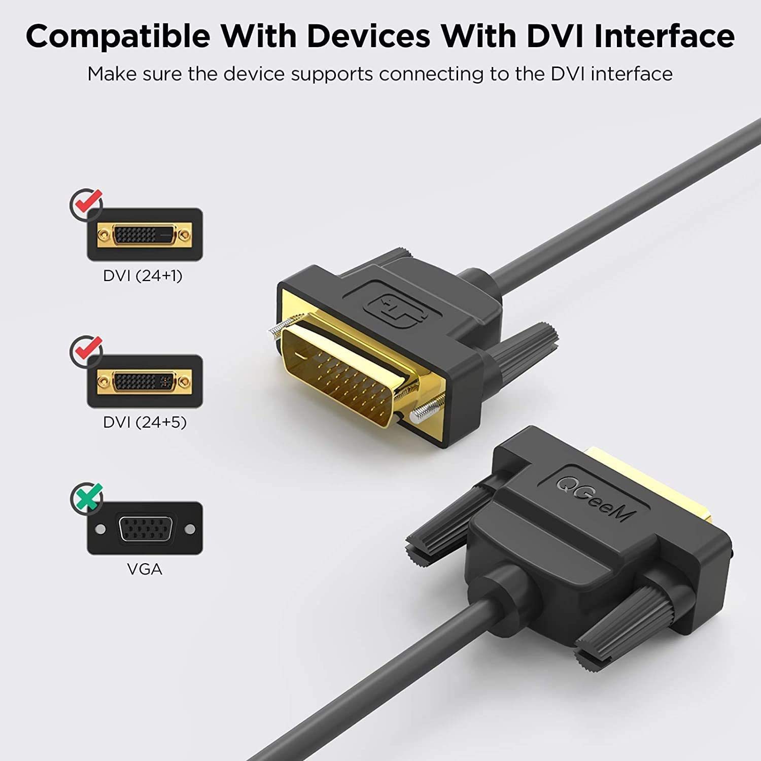 QGeeM DVI to DVI-D 24+1 Cable Male to Male Digital Video Monitor Cable for HDTV, Gaming, Monitor, Projector