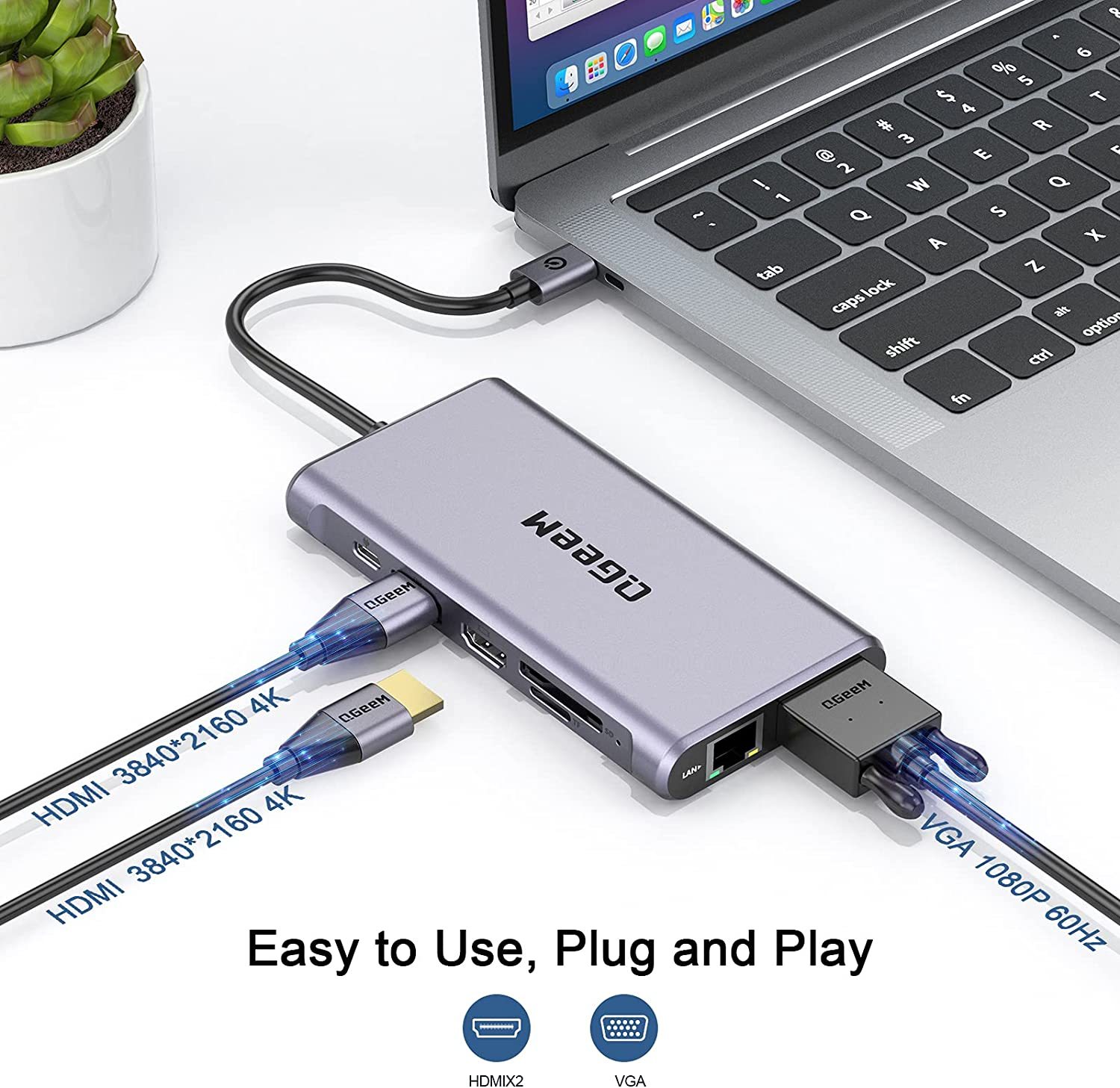 QGeeM 12 in 1 USB C Hub Laptop Docking Station Dual Monitor,Triple Display USB Type C Dock with 4K Dual HDMI,VGA,100W PD,Ethernet,4USB,SD/TF, Compatible for MacBook and Windows-UH12-V