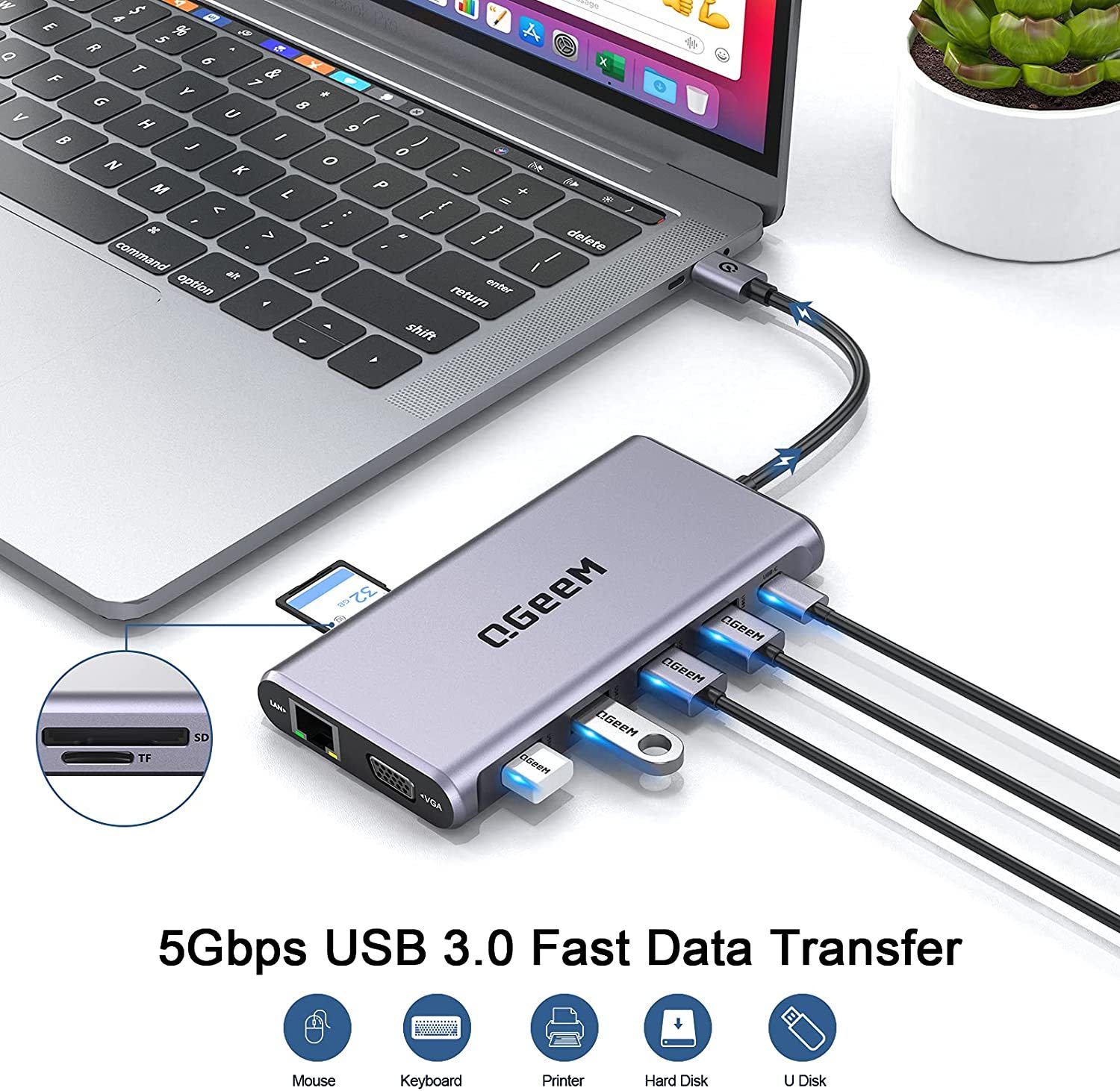 QGeeM 12 in 1 USB C Hub Laptop Docking Station Dual Monitor,Triple Display USB Type C Dock with 4K Dual HDMI,VGA,100W PD,Ethernet,4USB,SD/TF, Compatible for MacBook and Windows-UH12-V