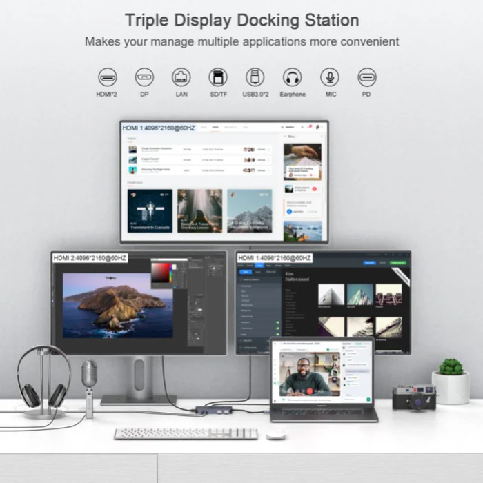 QGeeM 11 in 1 Type C Docking Station,USB C HUB Displayport Dual HDMI 4K@60Hz USB C Laptop Docking Station-D6906P