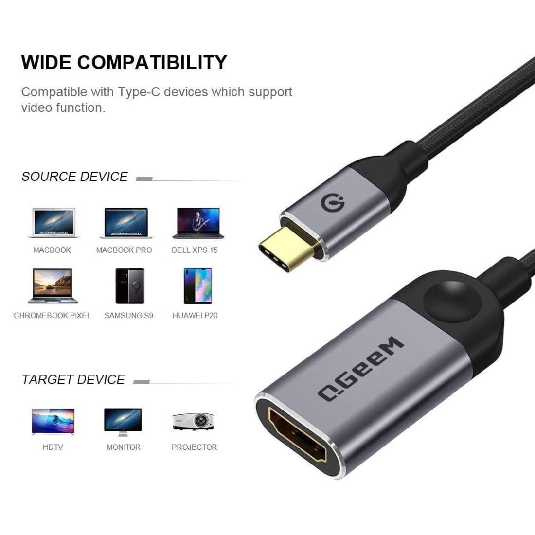 QGeeM USB C to HDMI Adapter 4K@30Hz Cable, USB Type-C to HDMI Adapter [Thunderbolt 3/4] HDMI Adapter for Laptop MacBook Pro/Air, iPhone15 Pro max, Dell XPS, HP.Pixelbook, Thinkpad,Surface,Ipad Pro etc.（UA01）