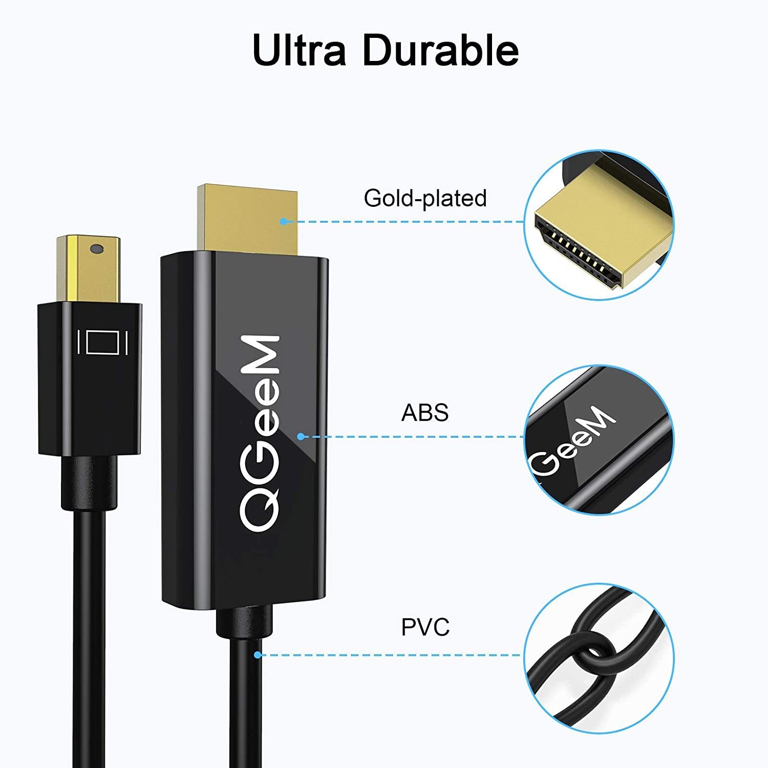 QGeeM Mini DP to HDMI 1080P@60HZ&4k@30Hz Cable(1.8M) Compatible with MacBook Air/Pro, Microsoft Surface Pro/Dock, Monitor, Projector and More