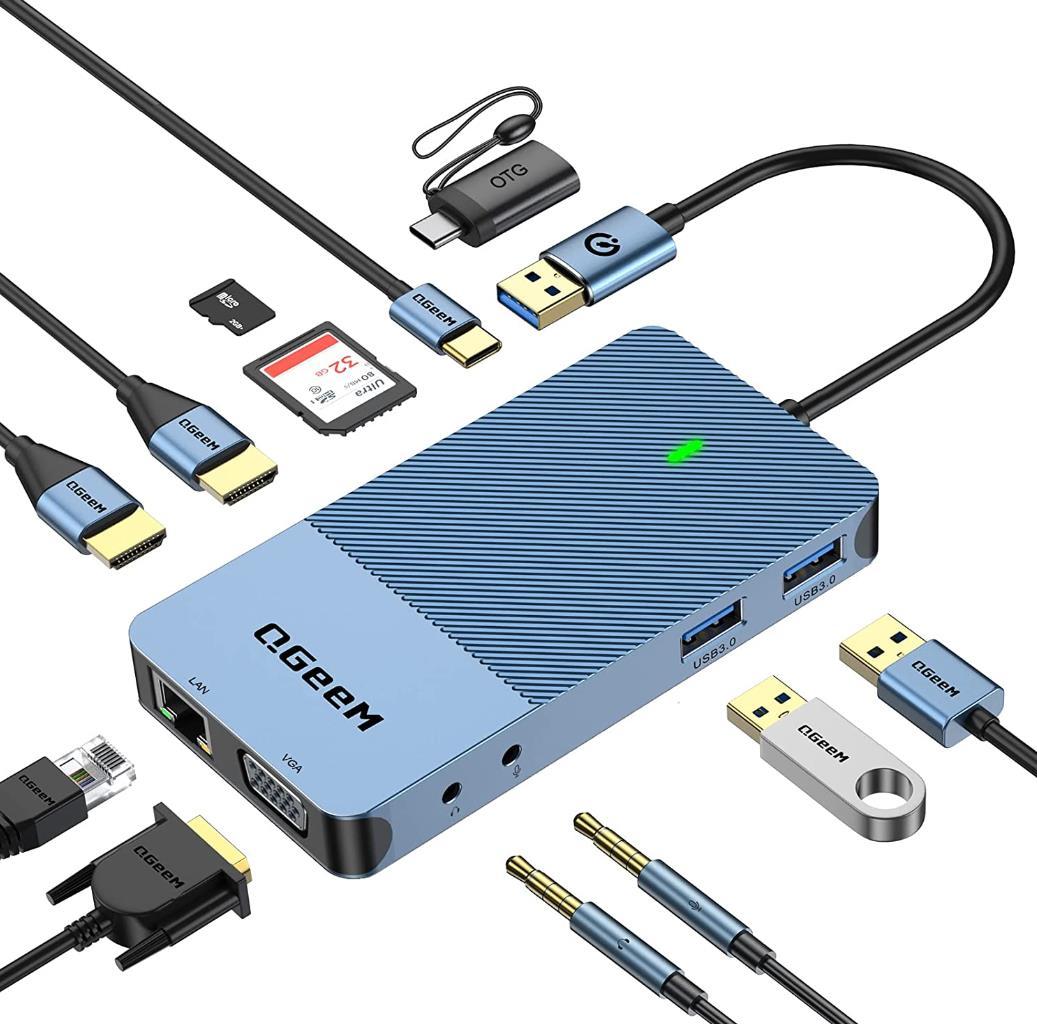 QGeeM 11-in-1 USB C/3.0 Hub with VGA,USB C Laptop Docking Station Compatible with MacBook M1 Dell HP Lenovo-D3908