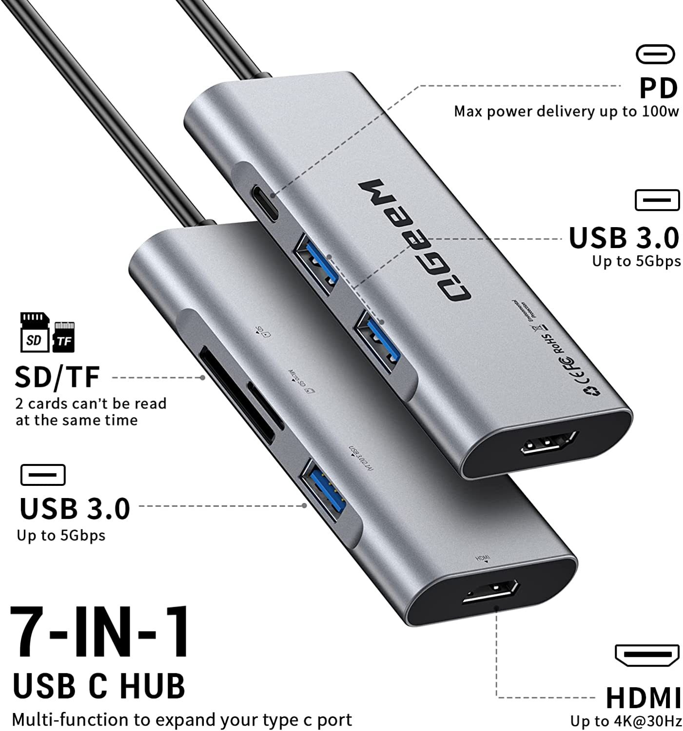 QGeeM 7-in-1 USB-C Hub with 100W Power Delivery,3 USB 3.0 Ports, SD/TF Card Reader,Compatible for MacBook and Windows-UH07-3