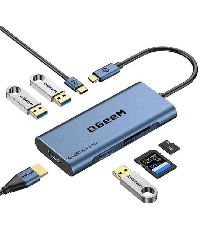 QGeeM 7-in-1 USB-C Hub with 100W Power Delivery,3 USB 3.0 Ports, SD/TF Card Reader,Compatible for MacBook and Windows-UH07-3