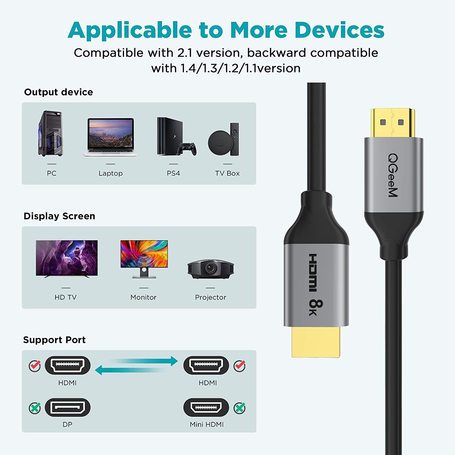 QGeeM HDMI 2.1 8K@60Hz@4K@120Hz, 48Gbps High-Speed HDMI Cord,Compatible for PC HDTV Projector Large Display, Male-to-Male