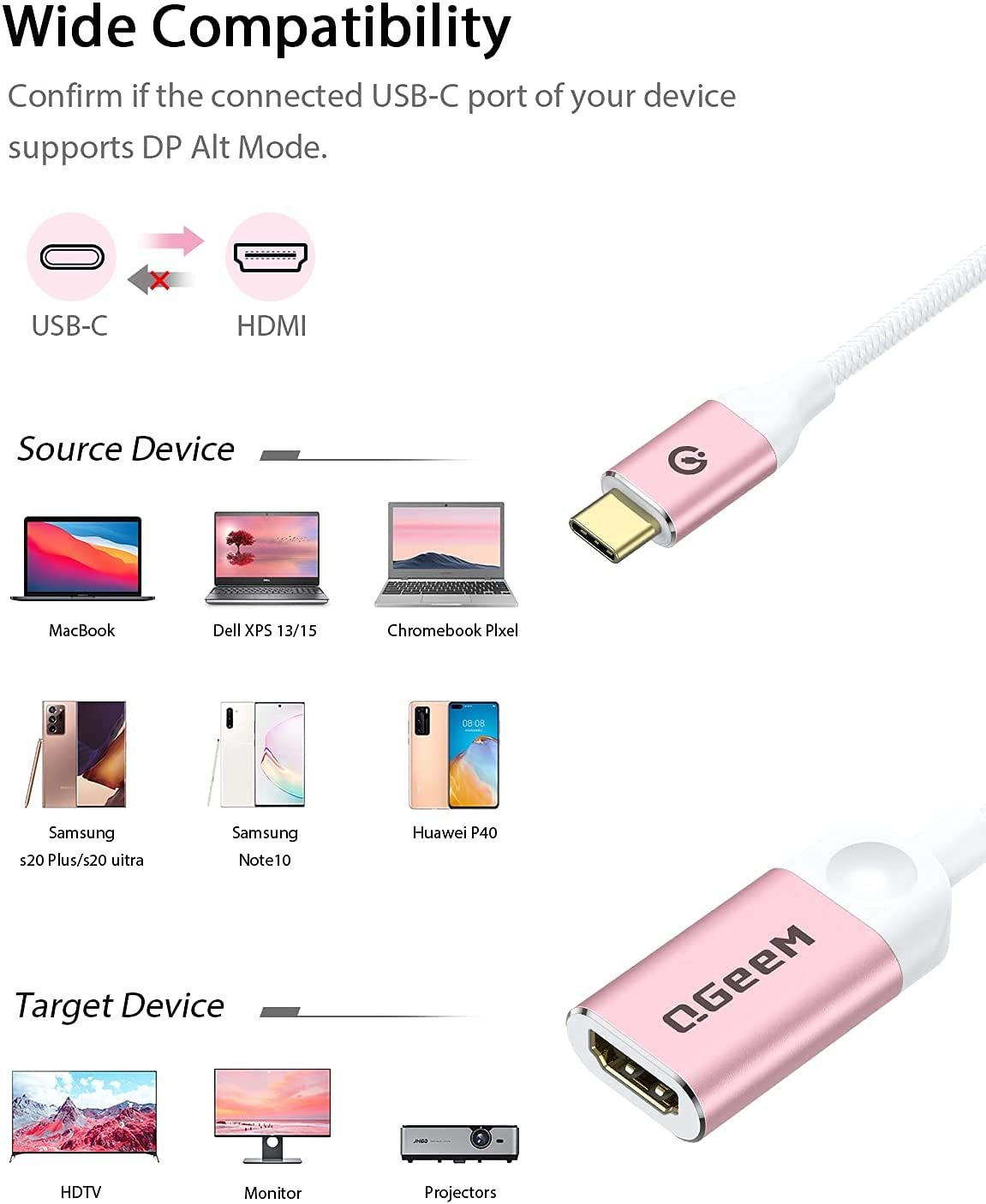 QGeeM USB C to HDMI Adapter 4K@30Hz Cable, USB Type-C to HDMI Adapter [Thunderbolt 3/4] HDMI Adapter for Laptop MacBook Pro/Air, iPhone15 Pro max, Dell XPS, HP.Pixelbook, Thinkpad,Surface,Ipad Pro etc.（UA01）