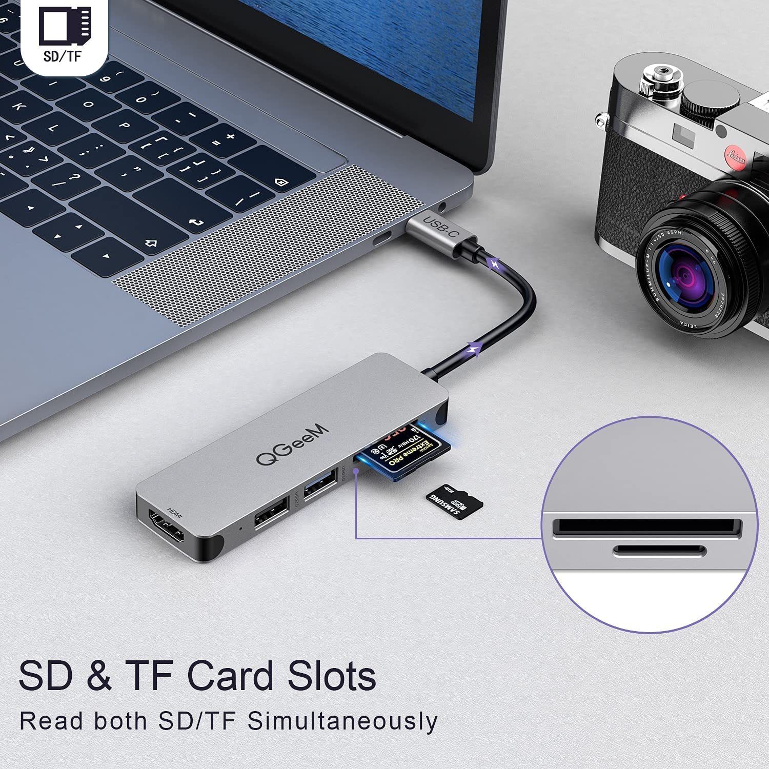 QGeeM USB C Hub, 5 in 1 USB C to HDMI Adapter, with 4K HDMI Output, USB 3.0, SD/TF Card Reader Compatible with MacBook Pro, iPad Pro, XPS,More Type C (Thunderbolt 3) Devices-UH05-4