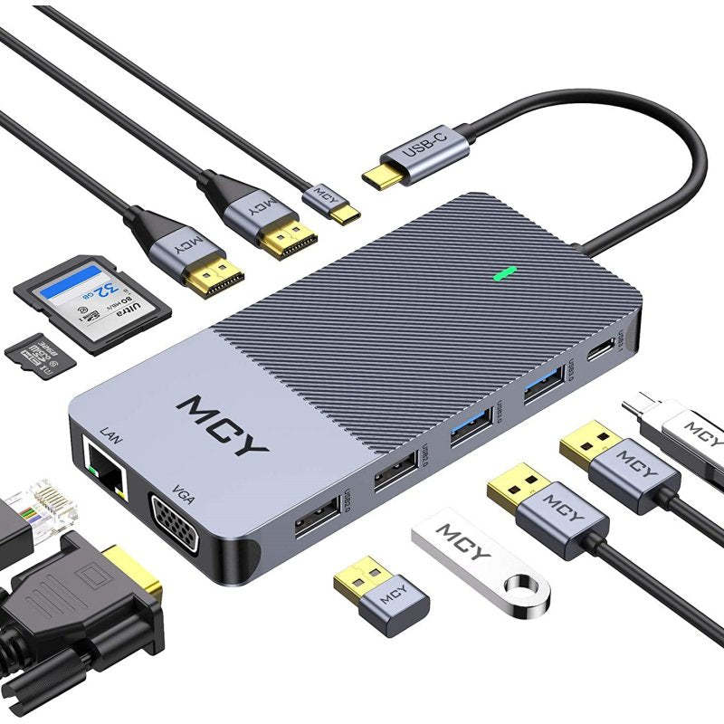 Docking Station, MCY 12 in 1 Triple Display Laptop USB C Docking Station Dual Monitor USB Type C Hub with Dual HDMI VGA Adapter,Compatible for MacBook and Windows-UH12-2