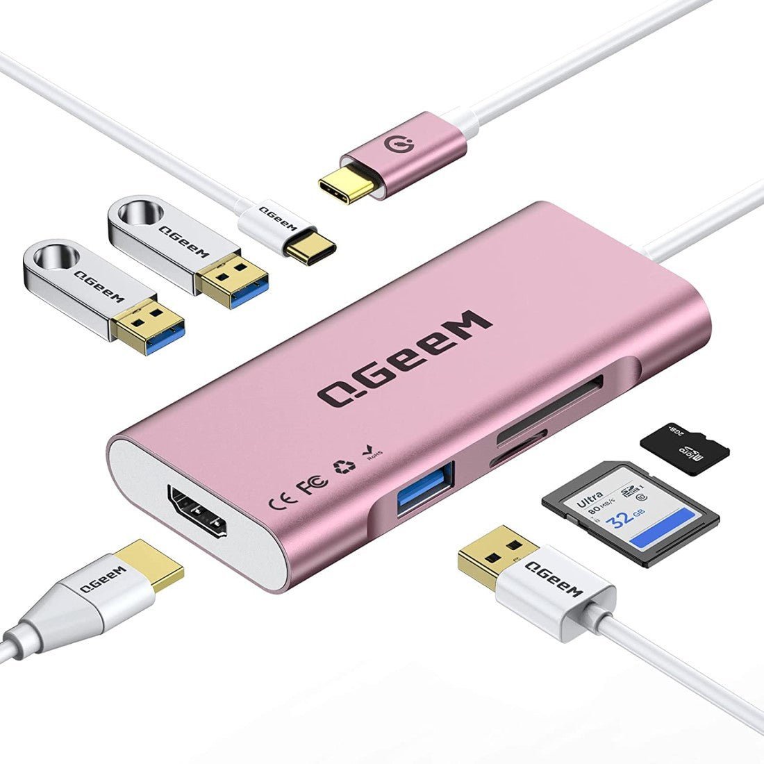 QGeeM 7-in-1 USB-C Hub with 100W Power Delivery,3 USB 3.0 Ports, SD/TF Card Reader,Compatible for MacBook and Windows-UH07-3