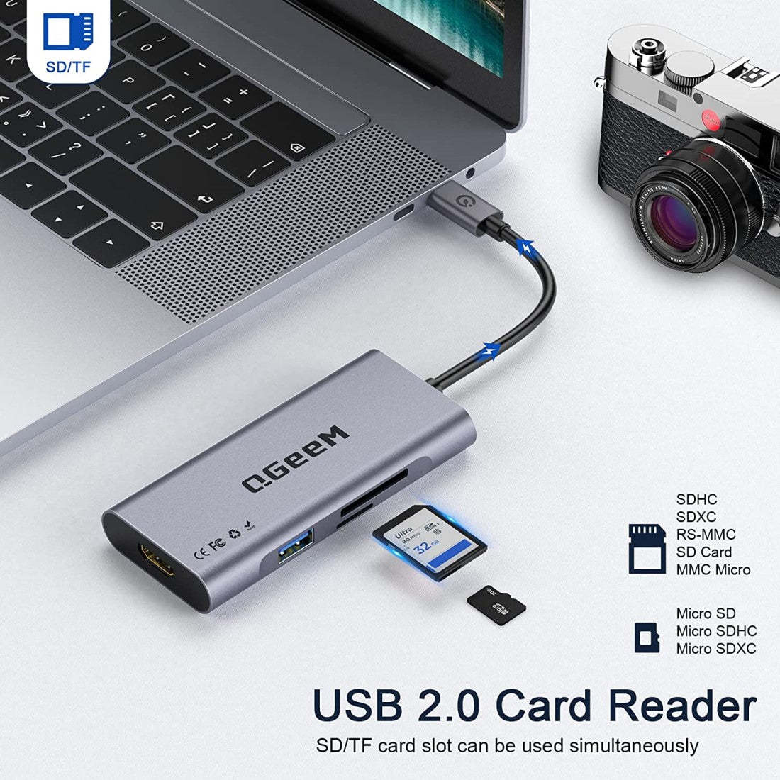 QGeeM 7-in-1 USB-C Hub with 100W Power Delivery,3 USB 3.0 Ports, SD/TF Card Reader,Compatible for MacBook and Windows-UH07-3