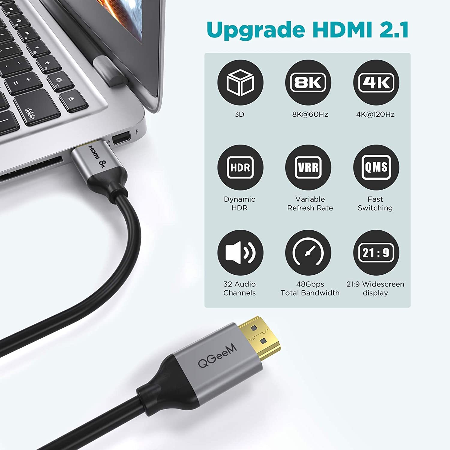 QGeeM HDMI 2.1 8K@60Hz@4K@120Hz, 48Gbps High-Speed HDMI Cord,Compatible for PC HDTV Projector Large Display, Male-to-Male