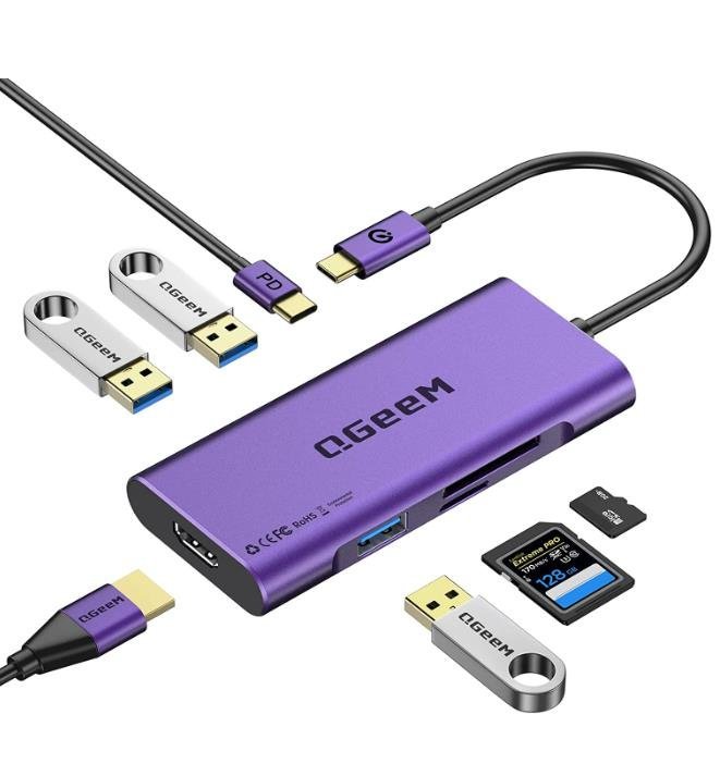 QGeeM 7-in-1 USB-C Hub with 100W Power Delivery,3 USB 3.0 Ports, SD/TF Card Reader,Compatible for MacBook and Windows-UH07-3