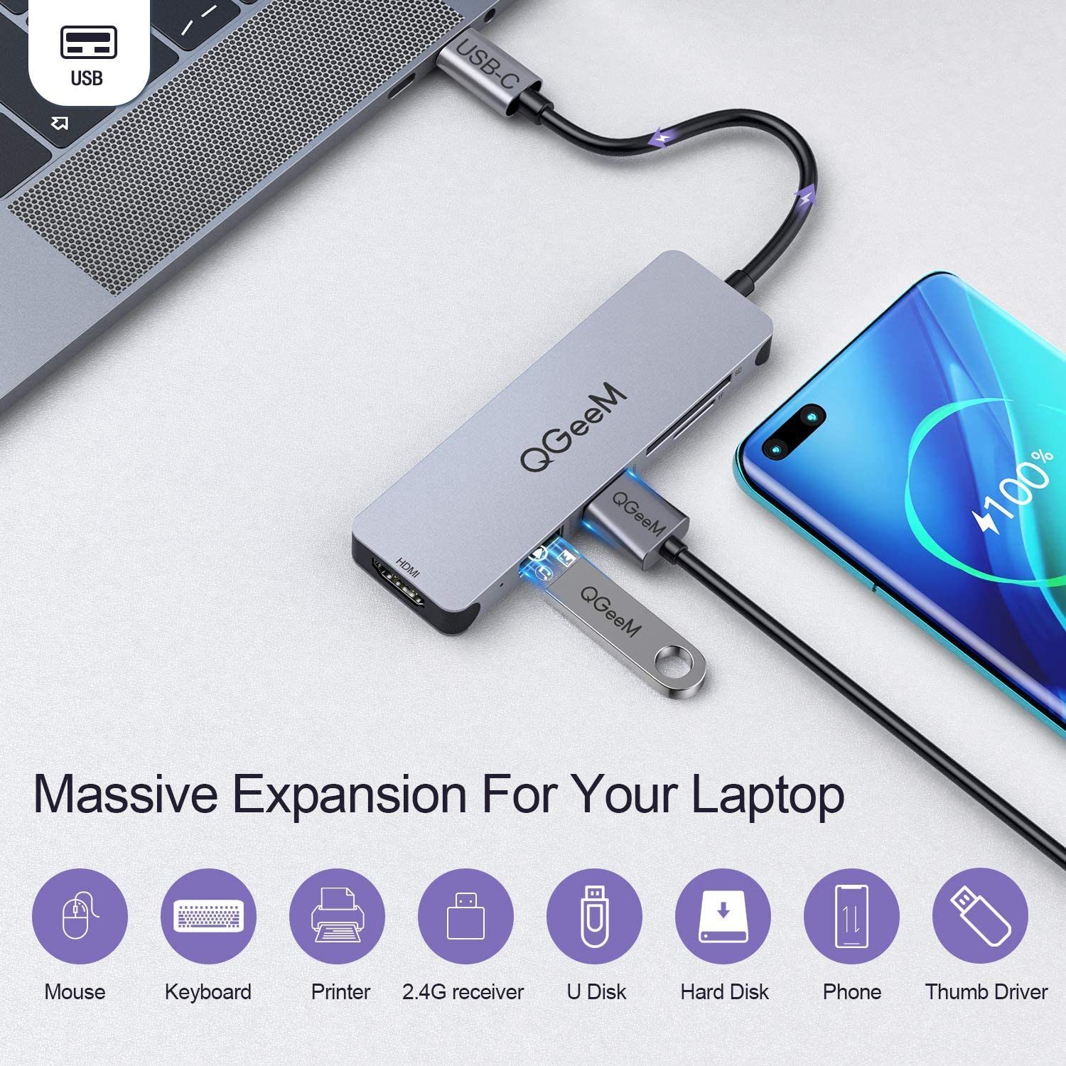 QGeeM USB C Hub, 5 in 1 USB C to HDMI Adapter, with 4K HDMI Output, USB 3.0, SD/TF Card Reader Compatible with MacBook Pro, iPad Pro, XPS,More Type C (Thunderbolt 3) Devices-UH05-4
