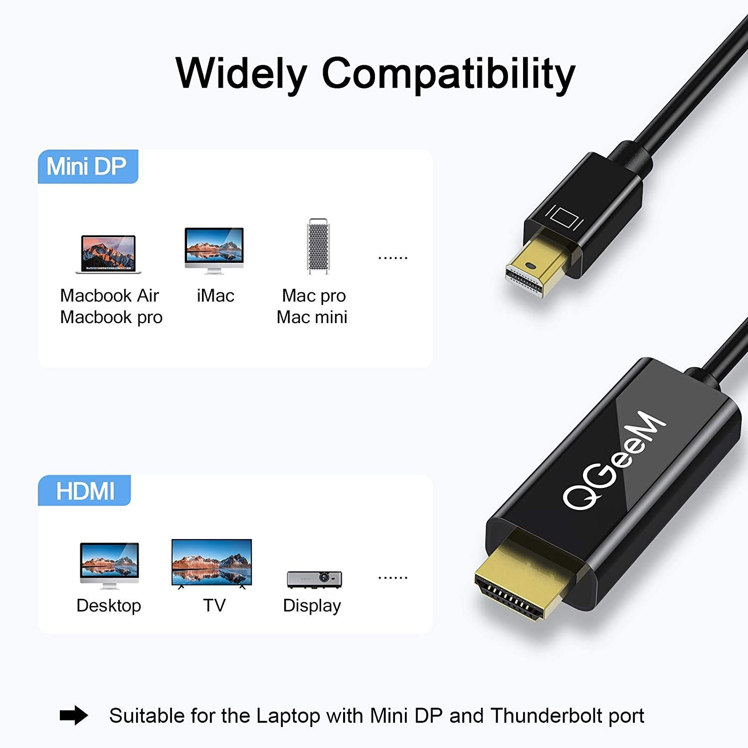 QGeeM Mini DP to HDMI 1080P@60HZ&4k@30Hz Cable(1.8M) Compatible with MacBook Air/Pro, Microsoft Surface Pro/Dock, Monitor, Projector and More