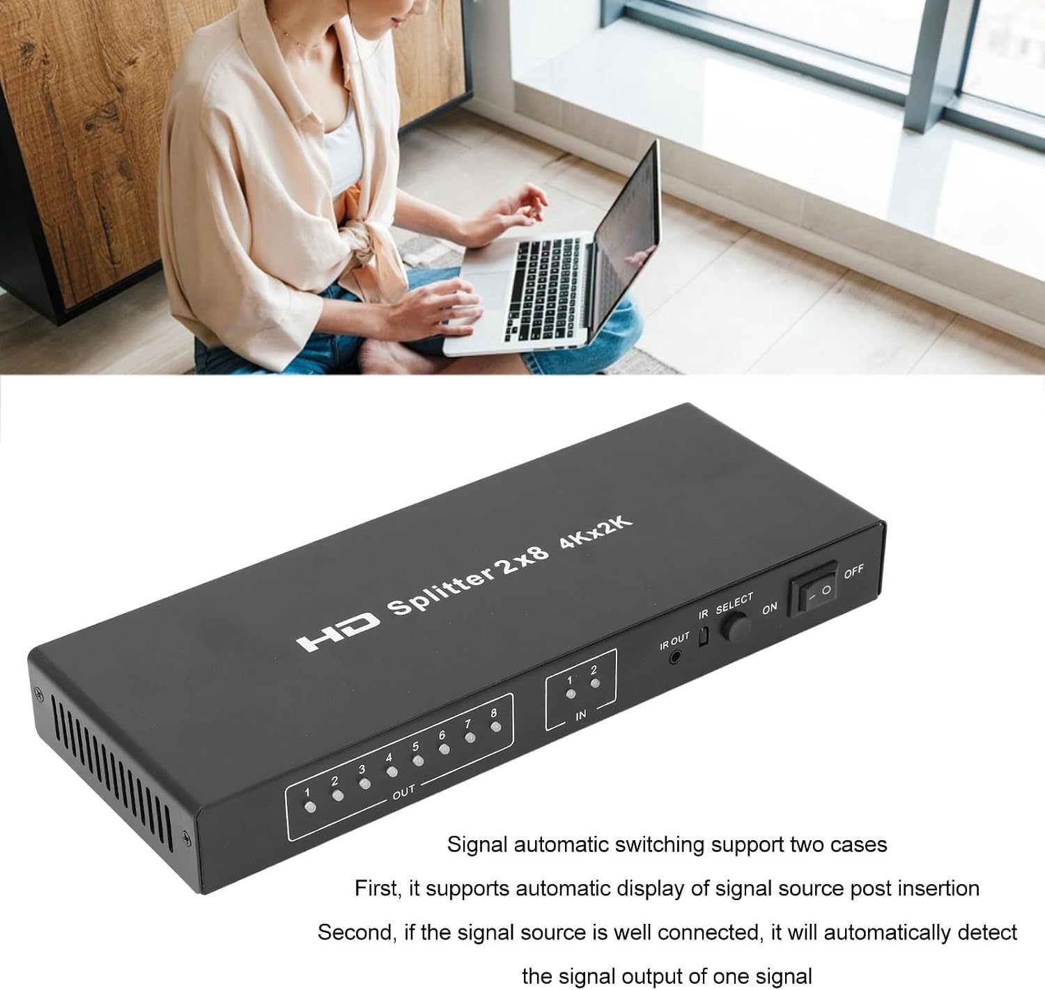 4K HDMI Switch 2 in 8 Out, Automatic HDMI Switcher Splitter with Remote Control, 3 Switching Modes, Aluminium HDMI Video Selector Box for Desktops TVs Laptops Set Top Boxes Games-XHS0208