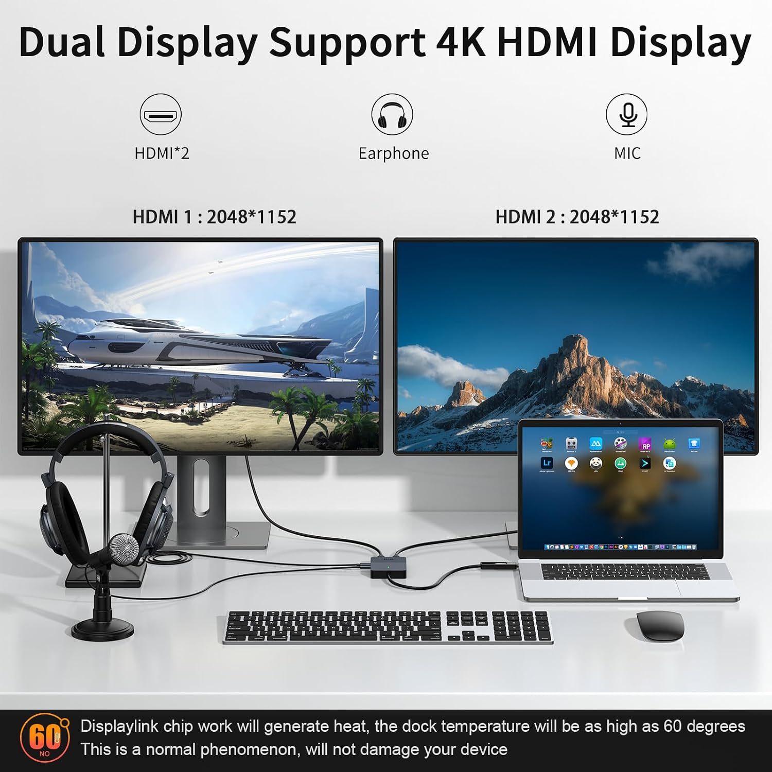 Giq USB 3.0 to Dual HDMI Monitor Adapter 2K@ 60Hz+1080P@60Hz,Universal Video Graphics Card,USB to Hdmi Splitter Extender Monitor for USB 3.0 A or USB-C Hub Dock Compatible with Mac OS,Windows-D6102H