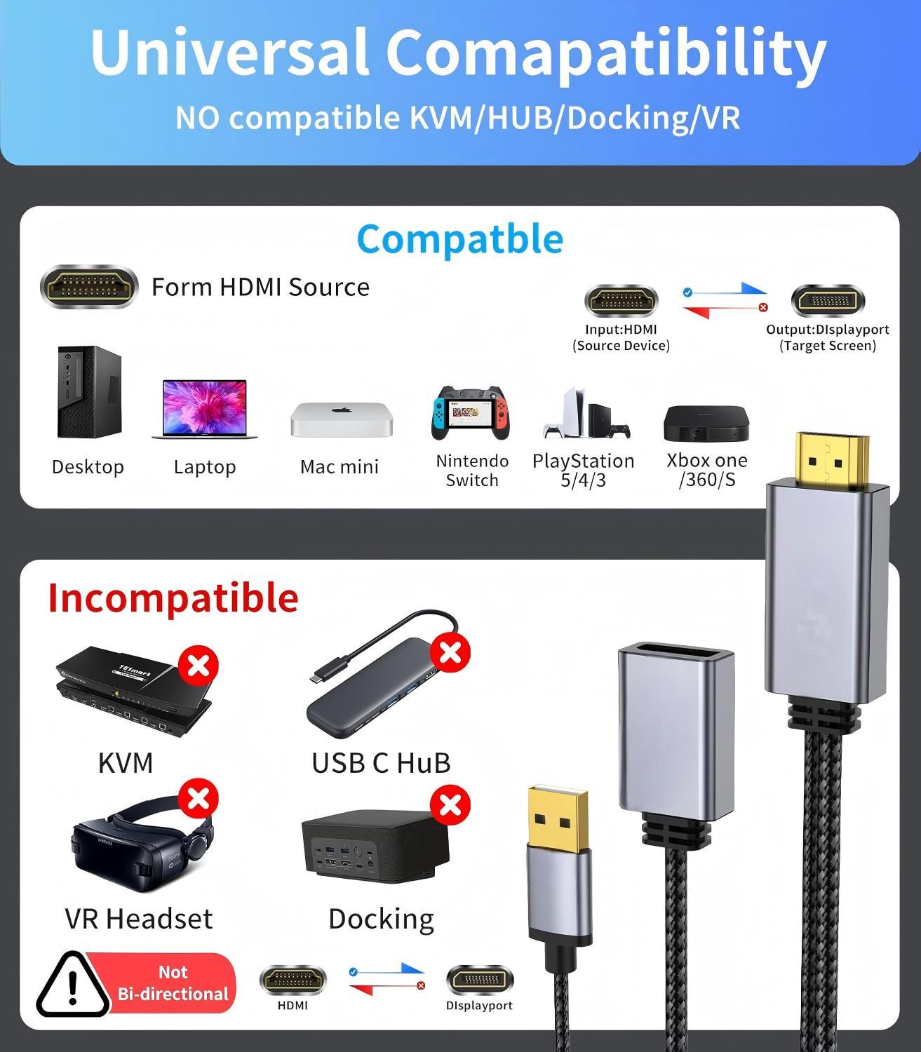 HDMI to DisplayPort Adapter with USB Power 4K@60HZ Converter Unidirectional HDMI Source to DP Display HDR Compatible with Laptop,AMD,NVIDIA,PS5,Xbox and More--AV01-E-0.25-SY
